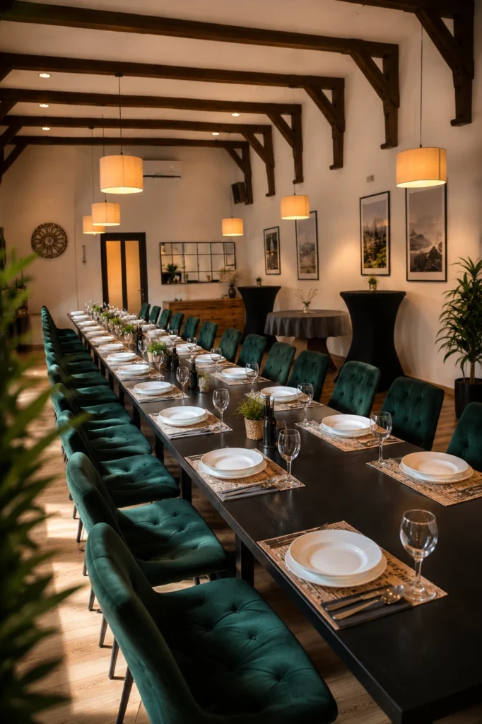 Restoran Baranjska priča s elegantno uređenim stolovima i zelenim stolicama
