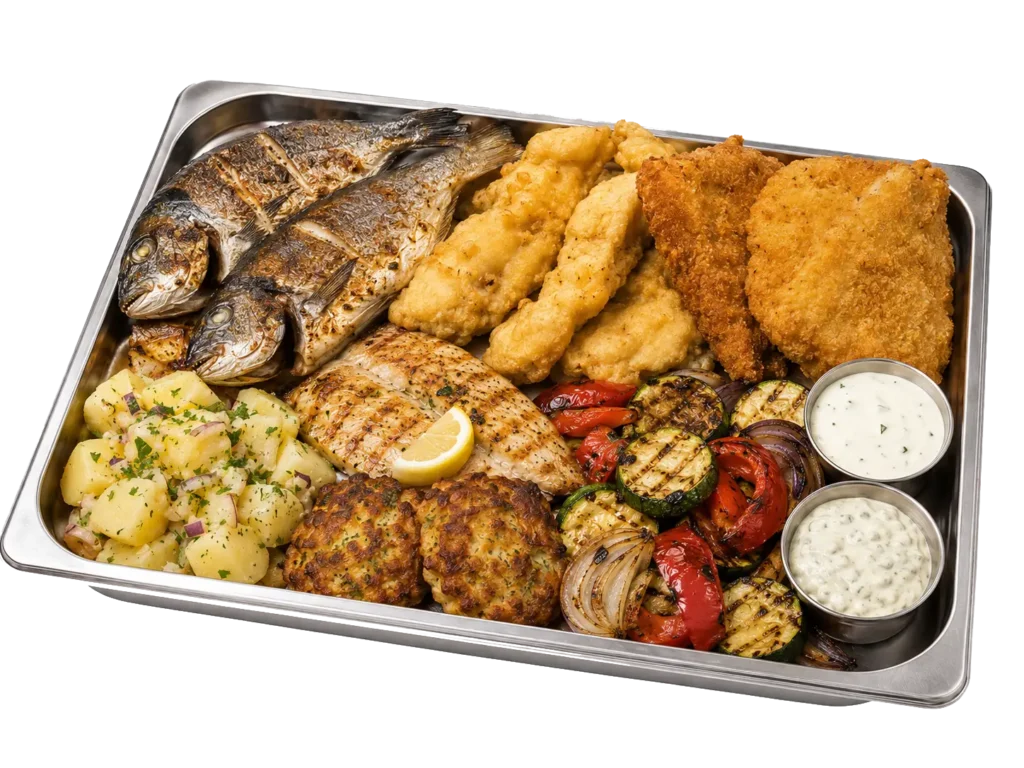 Riblja plata II s pastrvom, smuđem Orly, pohanim šaranom, smuđem na žaru i prilozima