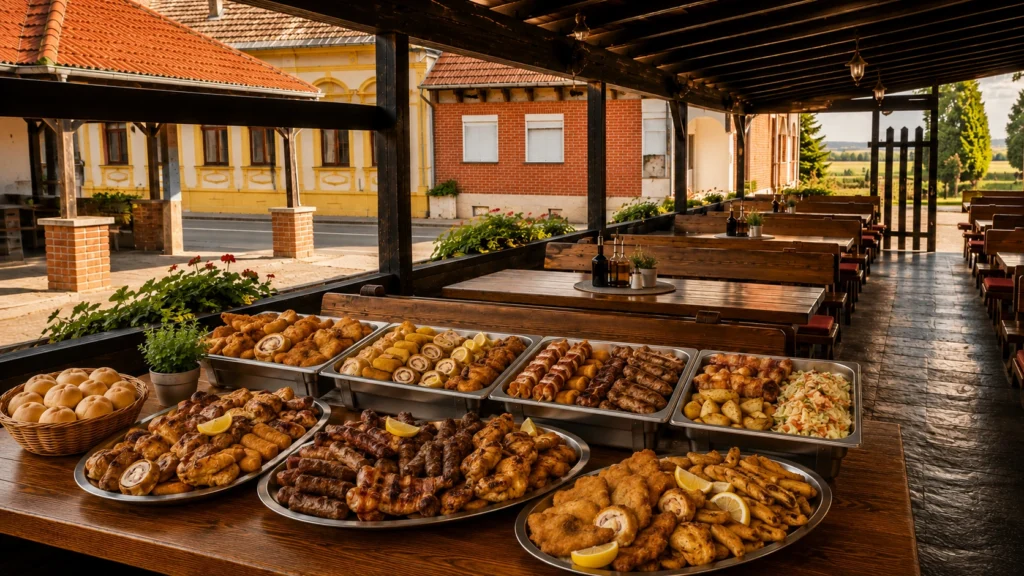 Catering plate s domaćim specijalitetima na natkrivenoj terasi restorana Baranjska priča u Suzi