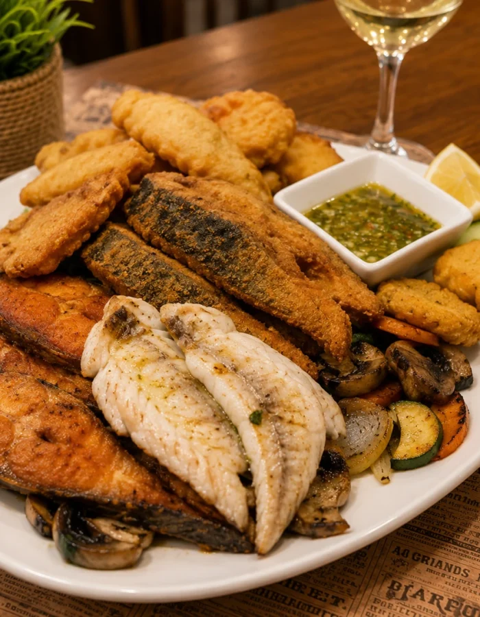 Riblja plata s riječnom ribom i prilozima – specijalitet restorana Baranjska priča